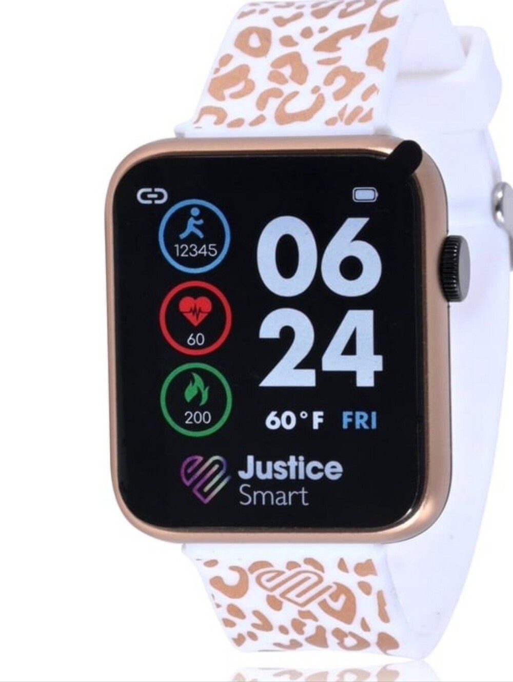 Justice Rose Gold Smartwatch with White and Tan Leopard Strap BRAND NEW